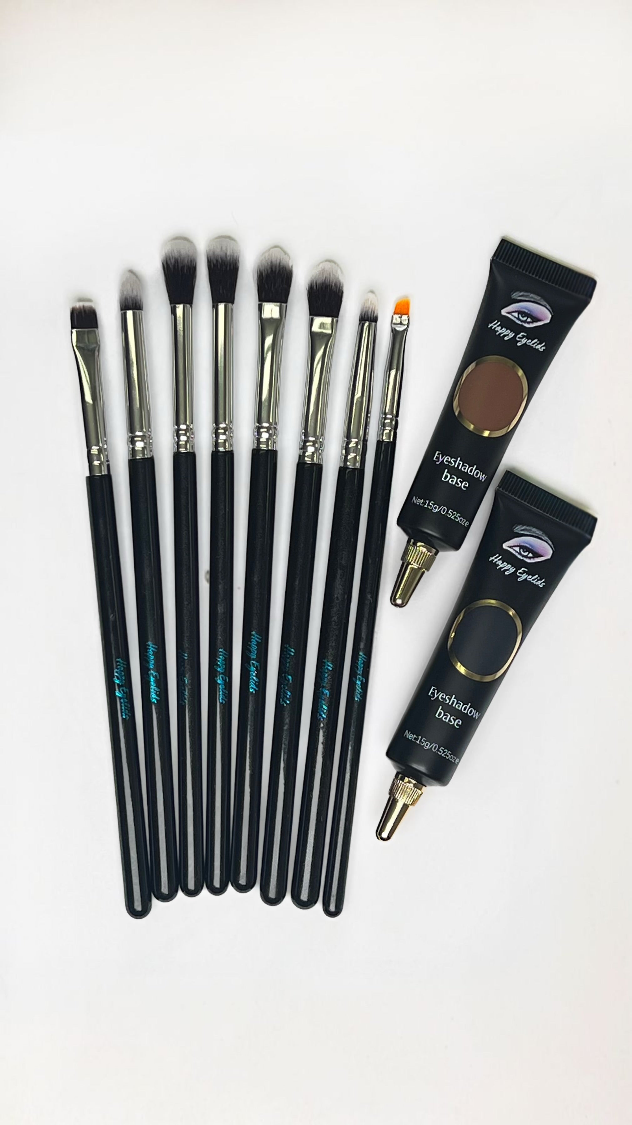 Custom eye makeup brush set for hooded eyes and brown and black eyeshadow bases that serves as cream shadows and gel liners 